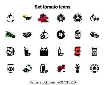 Set of black vector icons, isolated against white background. Flat illustration on a theme tomato, slice, whole, appetizing. Fill, glyph