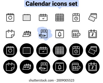Set of black vector icons, isolated against white background. Flat illustration on a theme different calendars. Line, outline, stroke