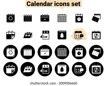 Set of black vector icons, isolated against white background. Flat illustration on a theme different calendars. Fill, glyph