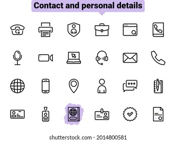 Set of black vector icons, isolated against white background. Flat illustration on a theme contact and personal data. Line, outline, stroke