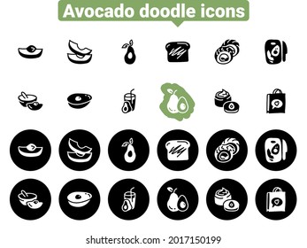 Set of black vector icons, isolated against white background. Flat illustration on a theme avocado, slices, dish and shopping. Fill, glyph