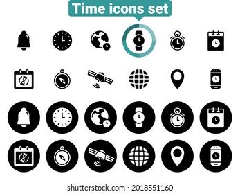 Set of black vector icons, isolated against white background. Flat illustration on a theme time planning. Fill, glyph