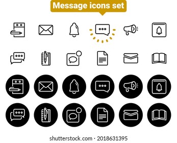 Set of black vector icons, isolated against white background. Flat illustration on a theme messages, notifications, chats, conversations. Line, outline, stroke