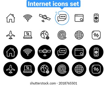 Set of black vector icons, isolated against white background. Flat illustration on a theme Internet. Line, outline, stroke
