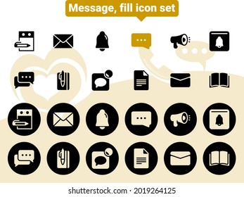 Set of black vector icons, isolated against white background. Flat illustration on a theme messages, notifications, chats, conversations. Fill, glyph