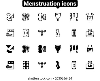Satz von schwarzen Vektorsymbol, einzeln auf weißem Hintergrund. Flache Illustration zu einem Thema Menstruation