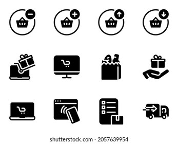 Conjunto de iconos vectoriales negros, aislados contra fondo blanco. Ilustración plana sobre un tema: compra, pago, recepción de mercancías, entrega