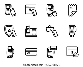 Set of black vector icons, isolated against white background. Flat illustration on a theme terminal, payment,