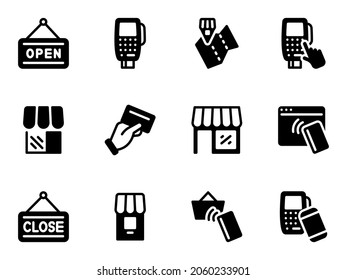Satz von schwarzen Vektorsymbol, einzeln auf weißem Hintergrund. Flaches Bild zu einem Thema, das per Karte gekauft und verkauft wird