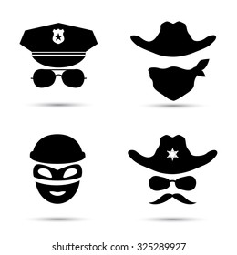 Set of black vector icons isolated on white. Policeman icon.  Theif icon. Sheriff icon. Cowboy icon