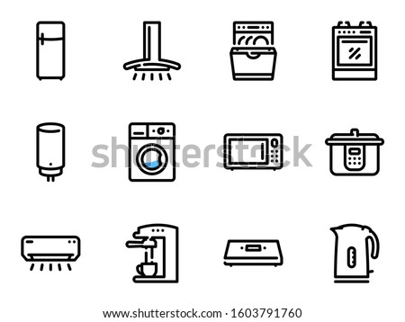 Set of black vector icons, isolated against white background. Illustration on a theme Kitchen Appliances. Line, outline, stroke, pictogram