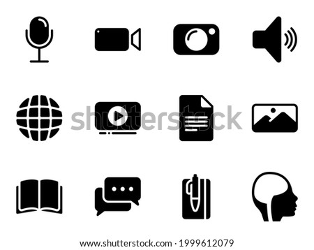 Set of black vector icons, isolated against white background. Flat illustration on a theme content creation tools and types. Fill, glyph, pictogram