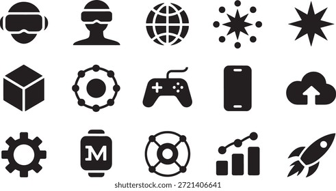Un conjunto de iconos vectoriales negros sobre un fondo blanco que representan los conceptos de tecnología, negocios e innovación iconos de tecnología