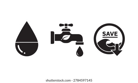 A set of black vector icons on a white background, featuring a water droplet, a faucet with a leaf, and a save water symbol, conveying a message of water conservation and eco-friendliness.