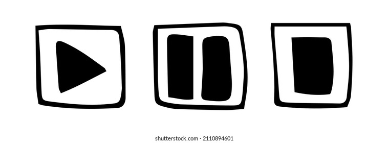 Juego de iconos vectoriales negros reproducir, detener, pausar. Dibujo de mano