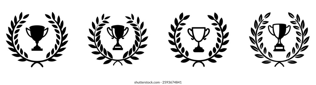 Set of black vector icons representing trophy cups surrounded by laurel wreaths, symbolizing victory, achievement, and success