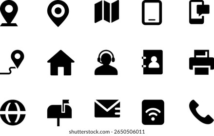 A set of black vector icons representing various concepts