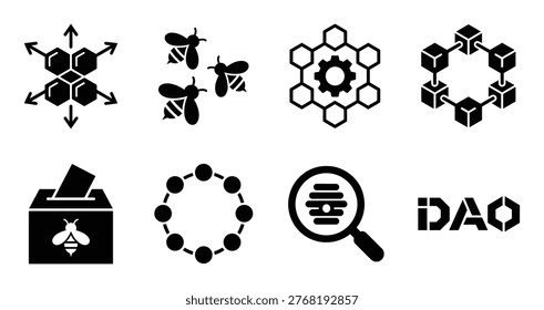 Set of black vector icons representing decentralized autonomous organizations and honey production processes on a transparent background.