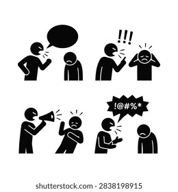 A set of black vector icons showing various scenes of shouting yelling and emotional harassment between a dominant aggressor and a sad victim