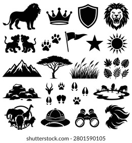 Set of black vector icons with wild animals landscapes binocular symbols and decorative heraldic shields for design