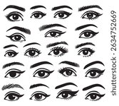 Set of black vector illustrations with various female eye designs. Isolated multiple shapes, expressions and eyebrow styles on white background. Perfect for makeup, fashion or beauty design.