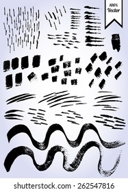 Set of black vector ink brush strokes isolated. Paint brush work on textured paper.