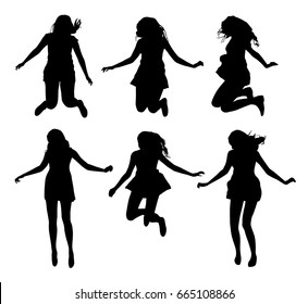 Set of black vector jumping girl silhouettes isolated on white background