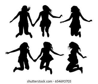 Set of black vector jumping girls silhouettes isolated on white background