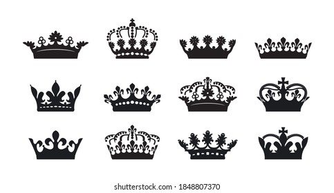 Conjunto de iconos de la corona del rey del vector negro sobre fondo blanco. Ilustraciones vectoriales. Iconos o símbolos del emblema real.