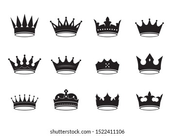 Set of of black vector king crowns and icon. Vector Illustration. Emblem and roual symbols.