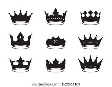 Set of of black vector king crowns and icon. Vector Illustration. Emblem and roual symbols.