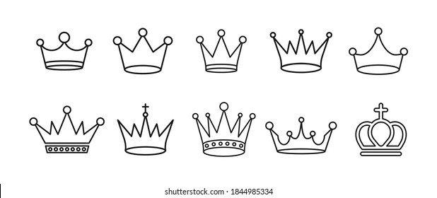 Set of black vector king crowns and icon on white background. Big collection king crowns. Royal icons collection set. Vintage crown. Vector illustration