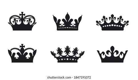 A set of black vector king crowns icon on white background. Vector Illustration. Emblem, icon and Royal symbols.
