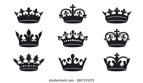 A set of black vector king crowns icon on white background. Vector Illustration. Emblem, icon and Royal symbols.