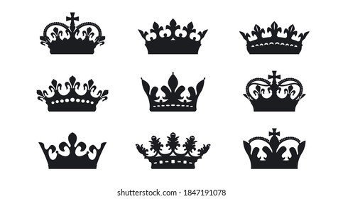 A set of black vector king crowns icon on white background. Vector Illustration. Emblem, icon and Royal symbols.