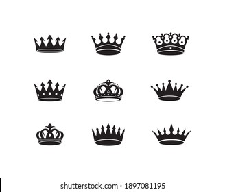 Set of black vector king crowns and icon on white background. Vector Illustration. Emblem and royal symbols.