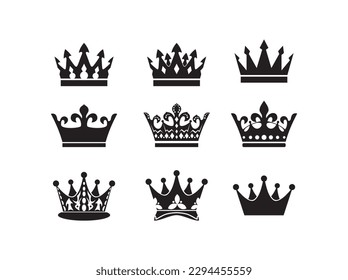 Conjunto de coronas de rey de vector negro e icono sobre fondo blanco. Ilustración vectorial. Emblema y símbolos reales.