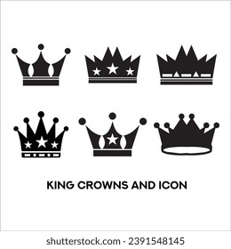Set of of black vector king crowns and icon. Vector Illustration. Emblem and roual symbols.