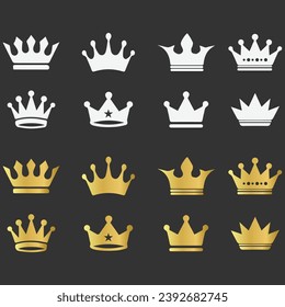 Set of of black vector king crowns and icon Vector Illustration Emblem and roual symbols