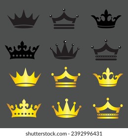 Set of of black vector king crowns and icon Vector Illustration Emblem and roual symbols