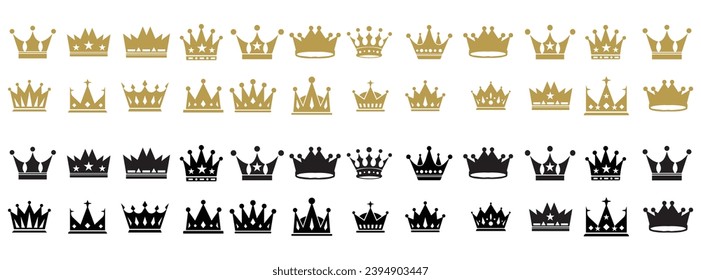 Set of of black vector king crowns and icon Vector Illustration Emblem and roual symbols