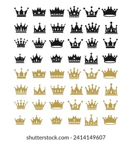 Set of of black vector king crowns and icon Vector Illustration Emblem and roual symbols