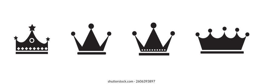 Set of black vector king crowns and icon on white background. Vector Illustration. Emblem and royal symbols.
