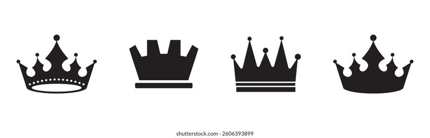 Set of black vector king crowns and icon on white background. Vector Illustration. Emblem and royal symbols.
