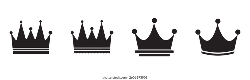 Set of black vector king crowns and icon on white background. Vector Illustration. Emblem and royal symbols.
