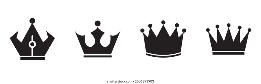 Set of black vector king crowns and icon on white background. Vector Illustration. Emblem and royal symbols.
