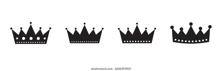 Set of black vector king crowns and icon on white background. Vector Illustration. Emblem and royal symbols.
