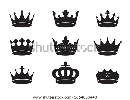 Set of black vector king crowns and icon on white background. Vector Illustration. Emblem and royal symbols. Foto stock © 