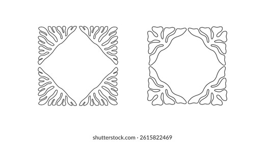 Set of black vector line botanical frames in naive style with decorative corners on a white background