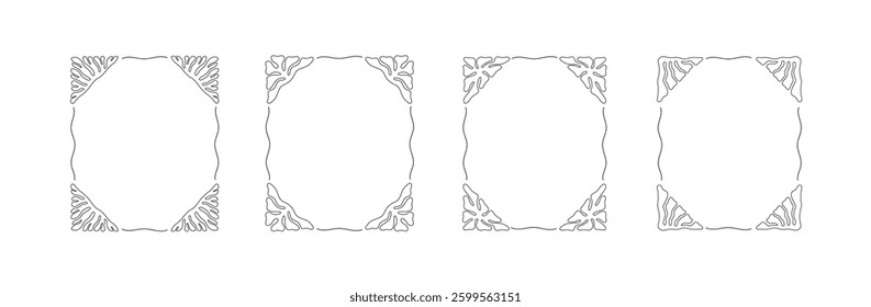 Set of black vector line frames with decorative organic corners on a white background